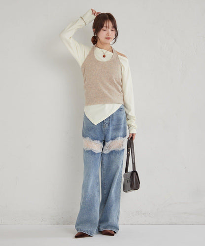 掛脖短款背心套裝長袖T恤