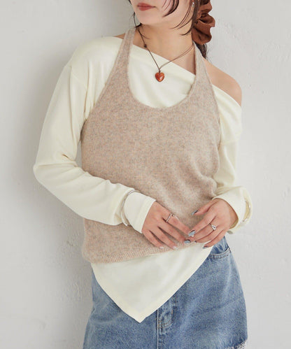 掛脖短款背心套裝長袖T恤