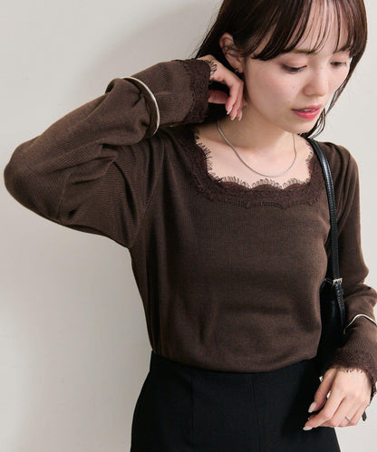 方領蕾絲長袖T恤