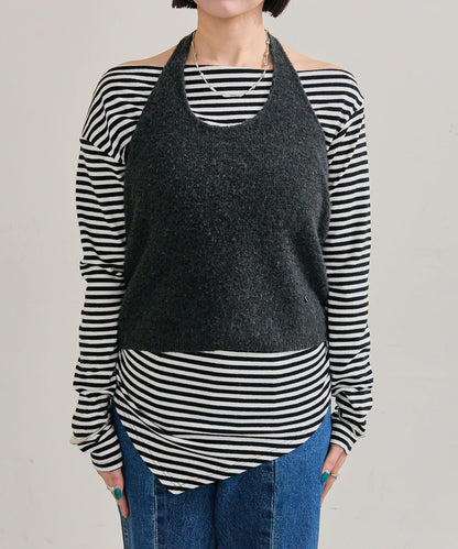 掛脖短款背心套裝長袖T恤