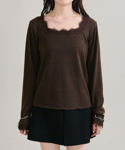 方領蕾絲長袖T恤