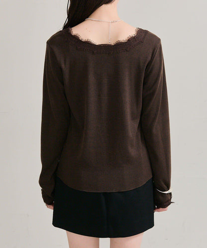 方領蕾絲長袖T恤