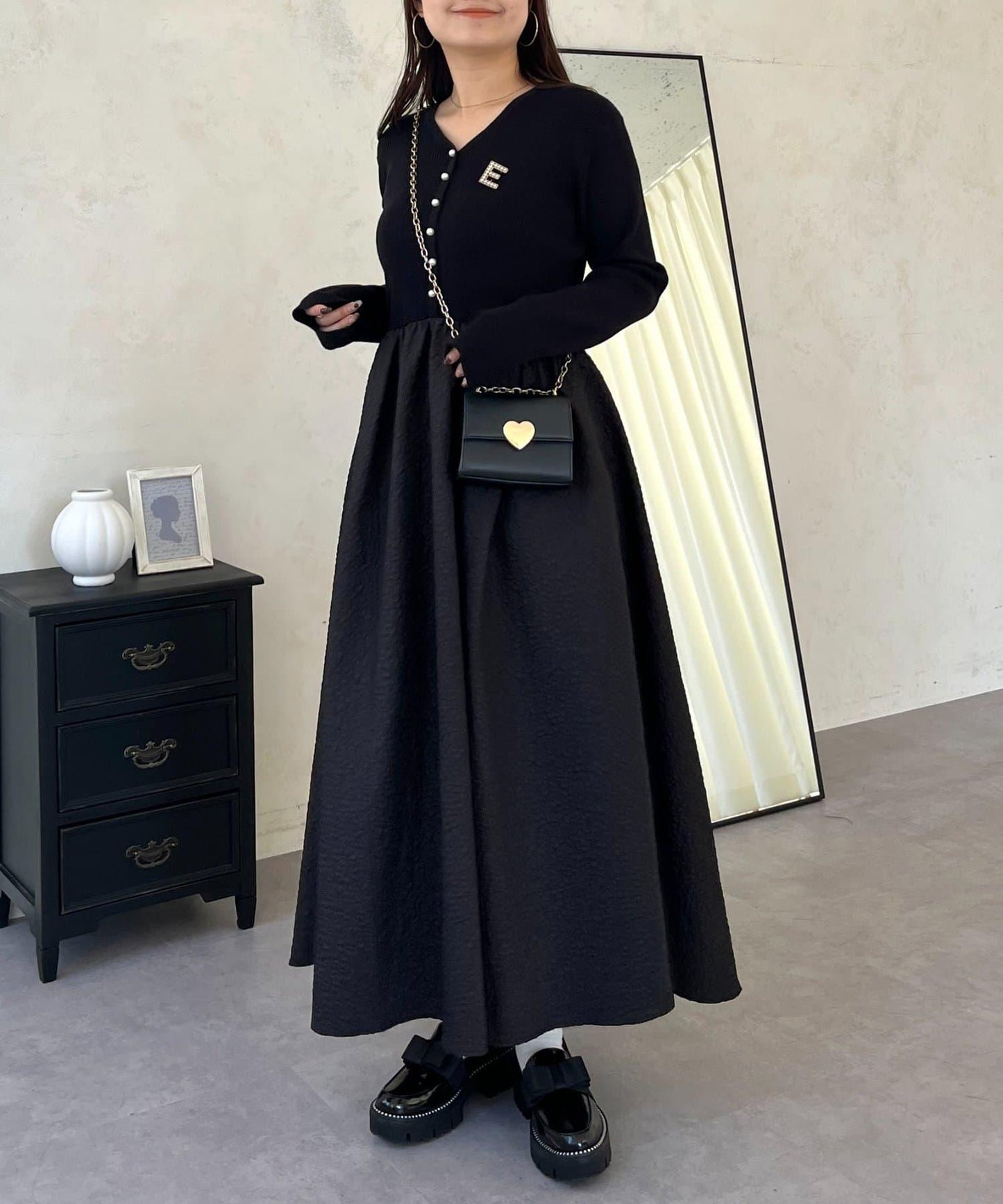 【前後兩穿】珍珠紐扣拼接喇叭連衣裙