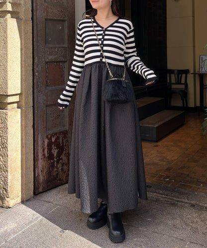 【前後兩穿】珍珠紐扣拼接喇叭連衣裙