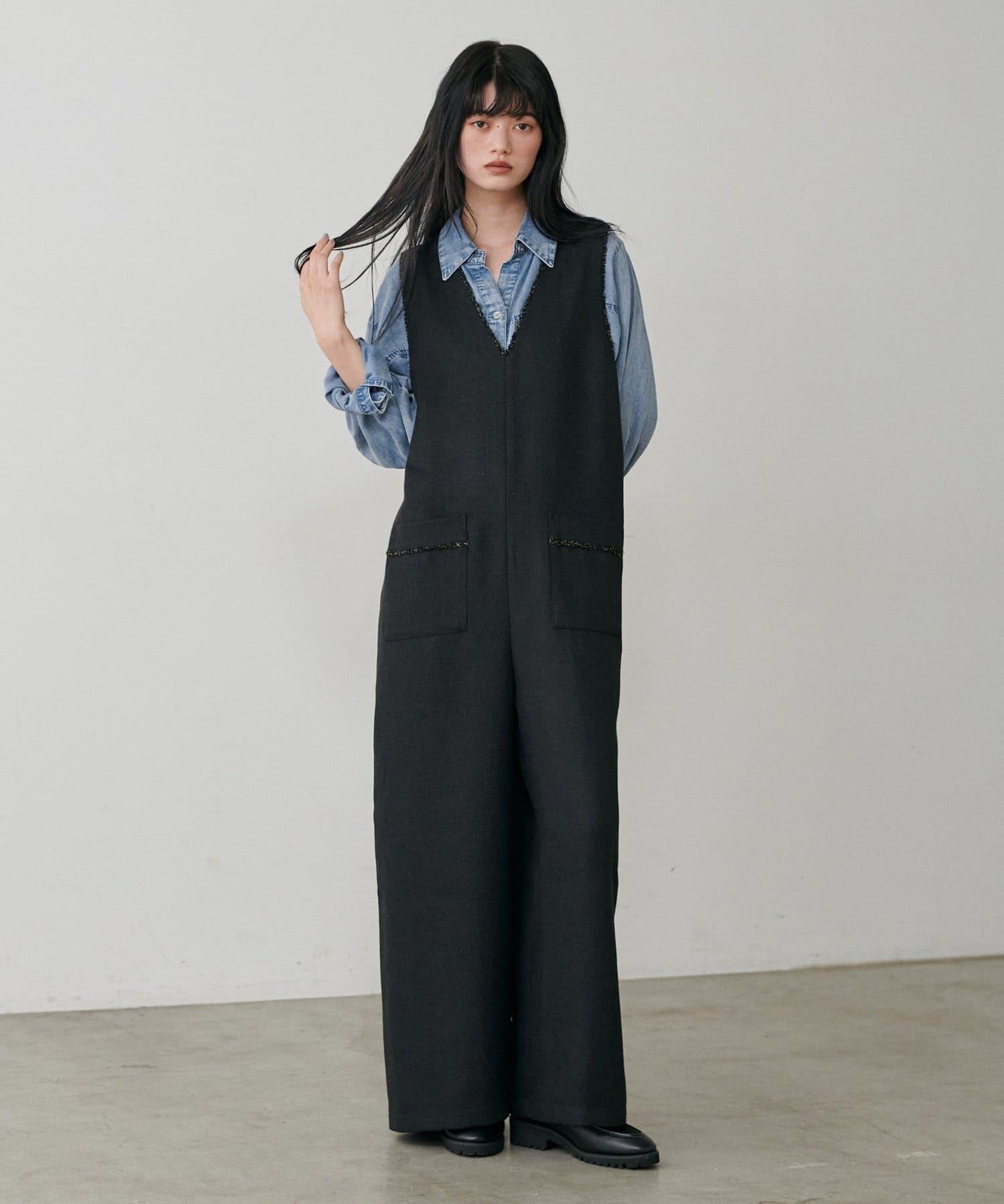 流蘇花呢揹帶褲