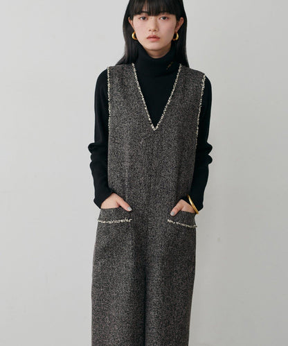 流蘇花呢揹帶褲