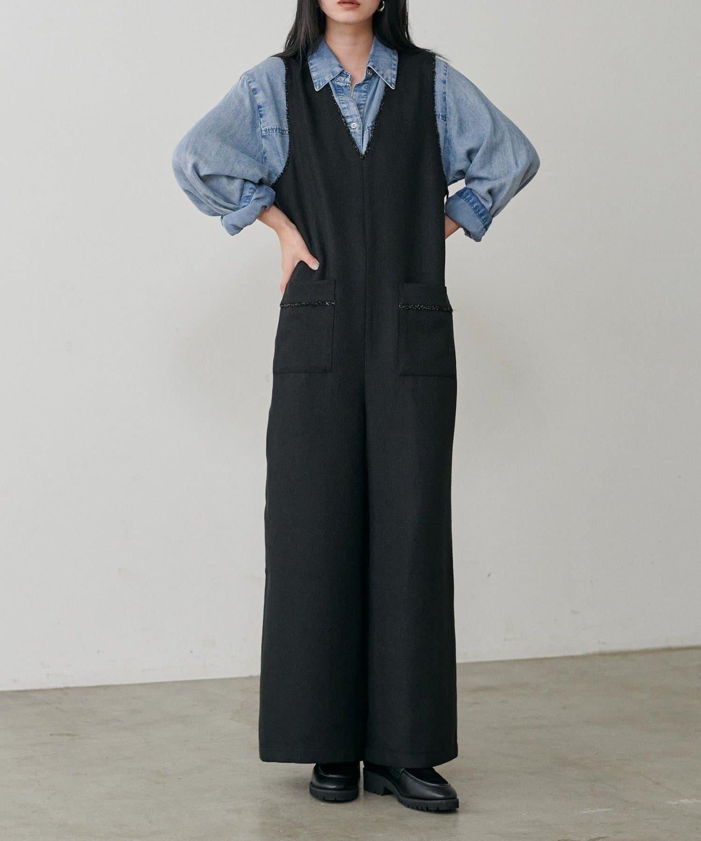 流蘇花呢揹帶褲