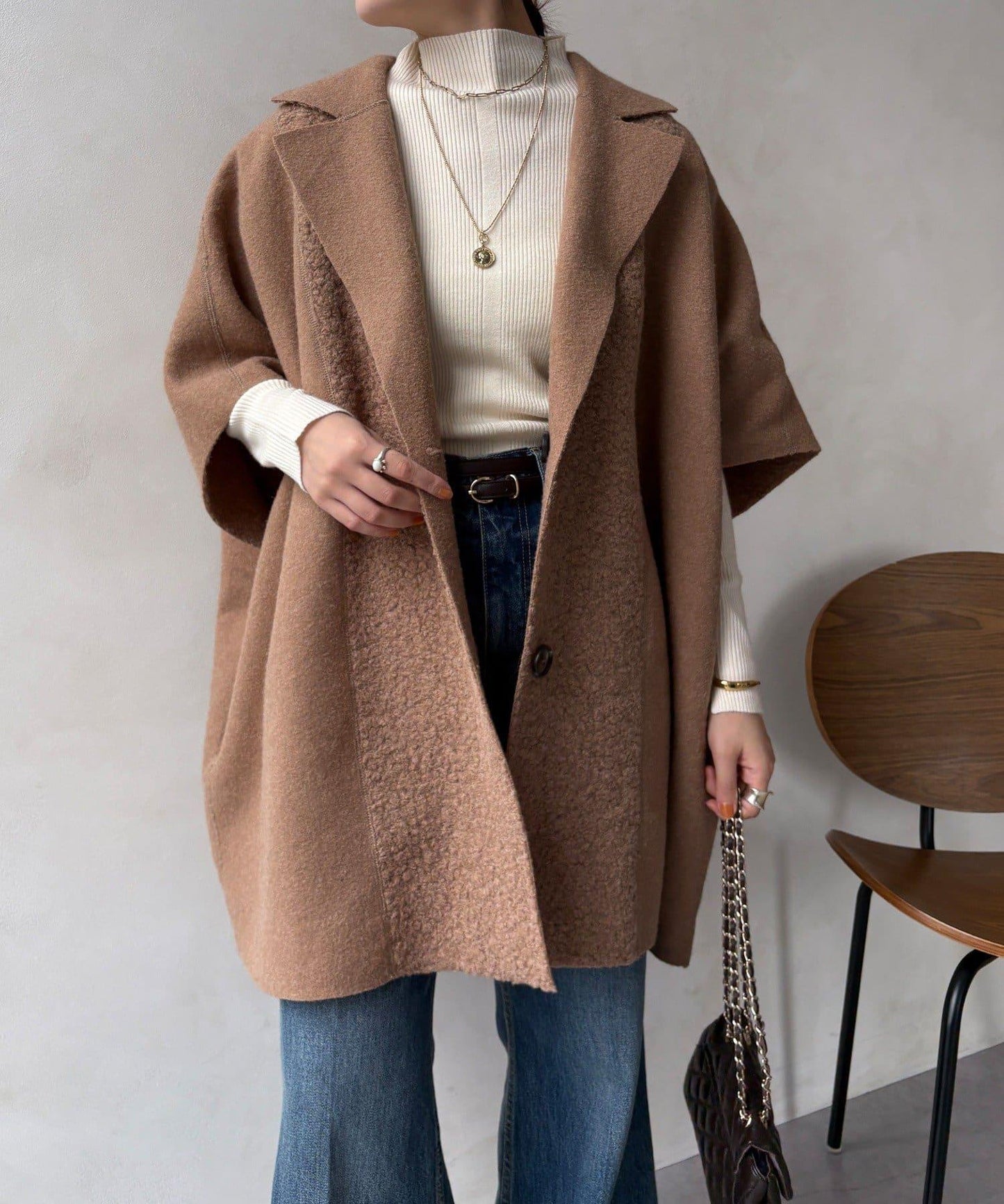 可雙面穿羊羔絨拉鍊斗篷大衣