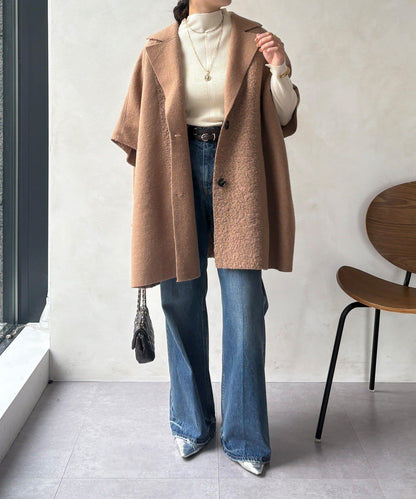 可雙面穿羊羔絨拉鍊斗篷大衣
