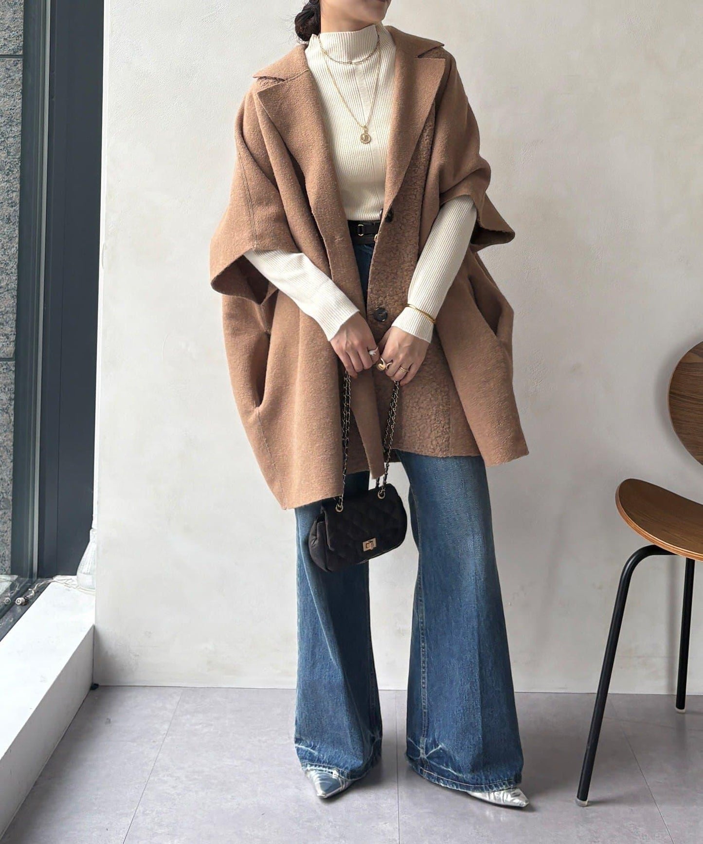 可雙面穿羊羔絨拉鍊斗篷大衣