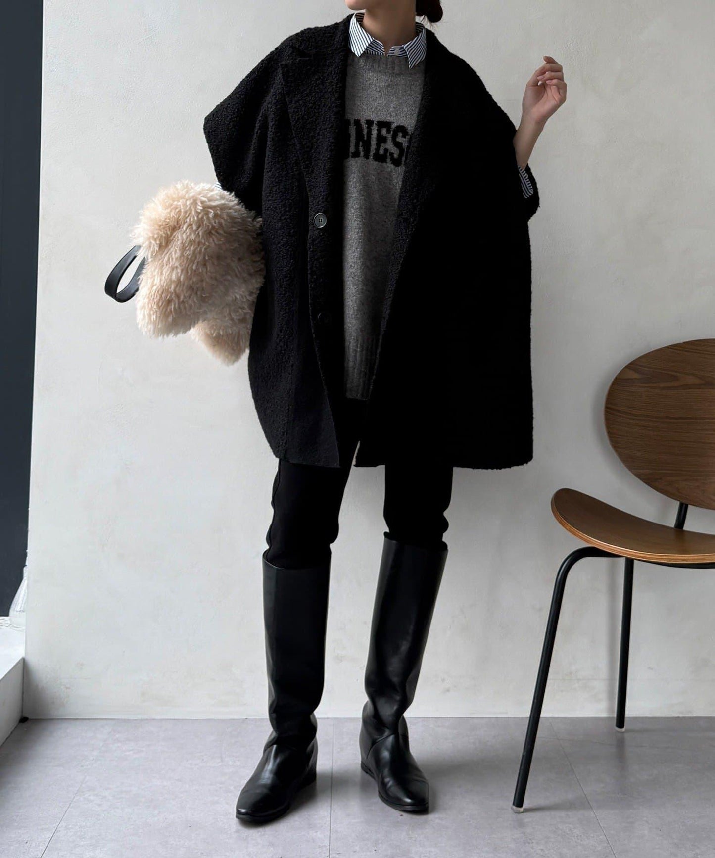 可雙面穿羊羔絨拉鍊斗篷大衣