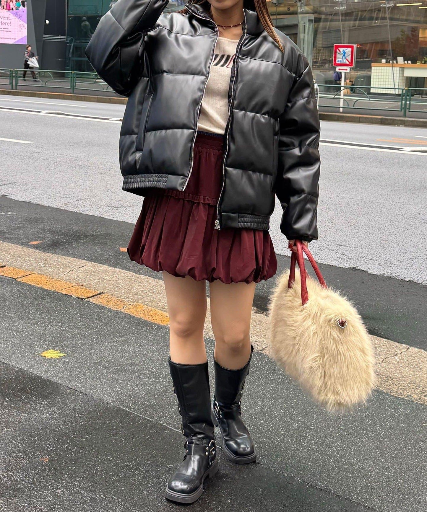 仿皮革泡芙夾克