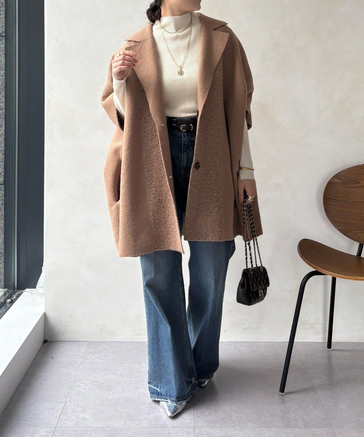 可雙面穿羊羔絨拉鍊斗篷大衣