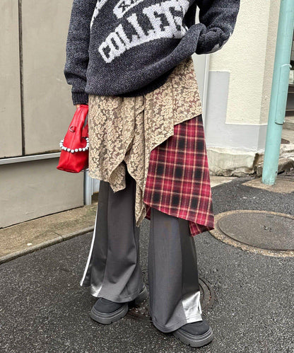 蕾絲拼接格紋不規則中長裙