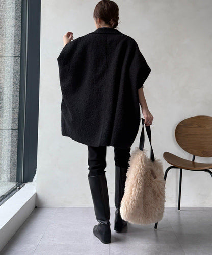 可雙面穿羊羔絨拉鍊斗篷大衣