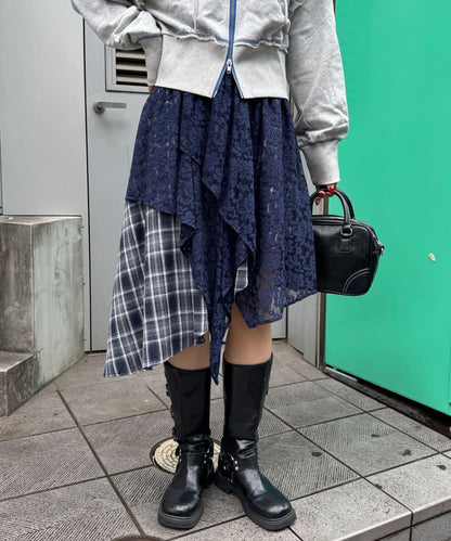 蕾絲拼接格紋不規則中長裙