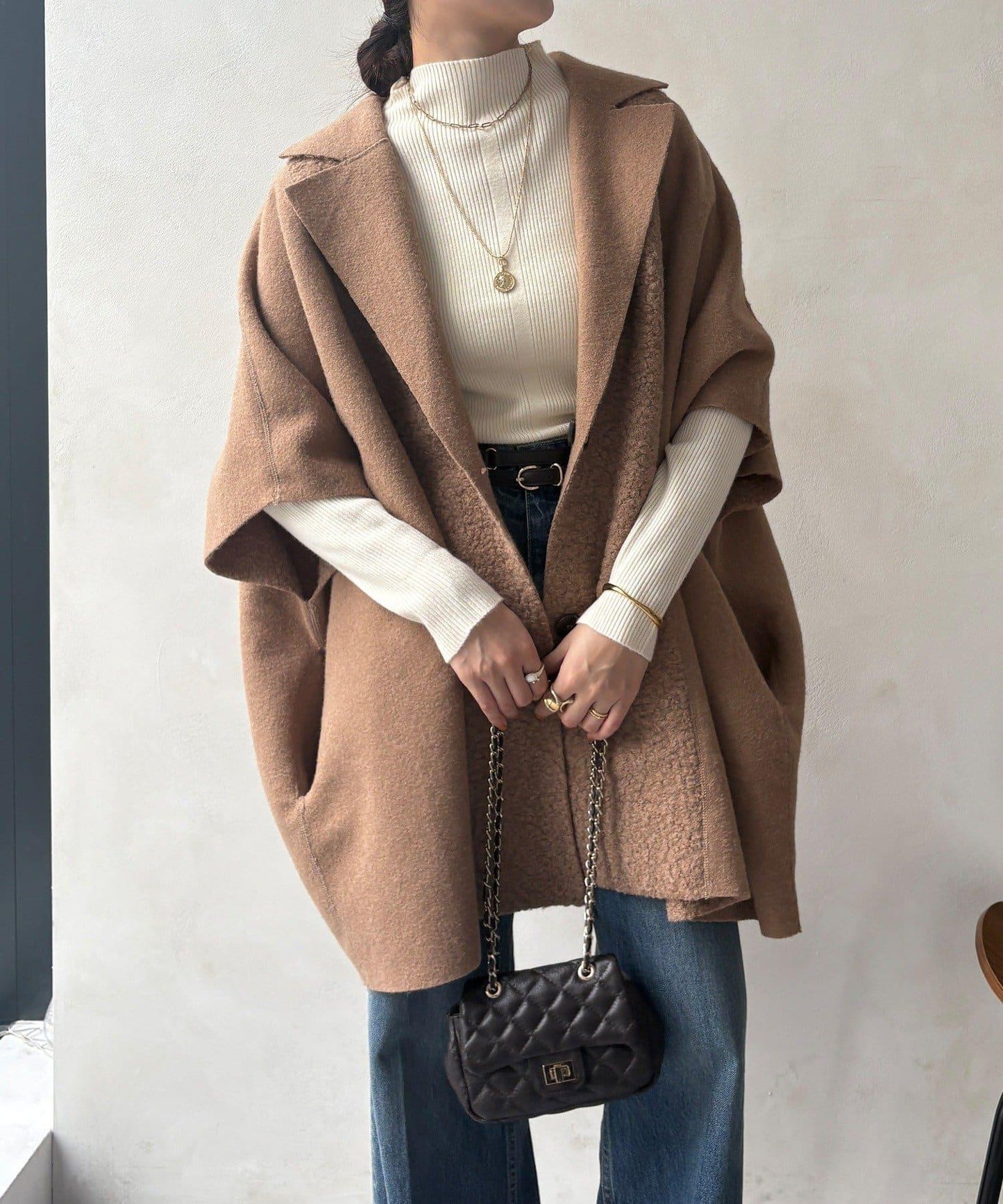 可雙面穿羊羔絨拉鍊斗篷大衣