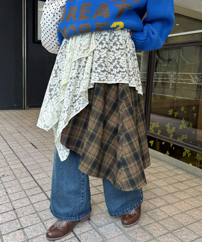 蕾絲拼接格紋不規則中長裙