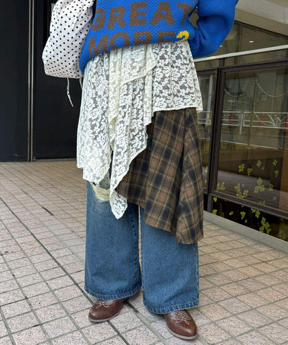 蕾絲拼接格紋不規則中長裙