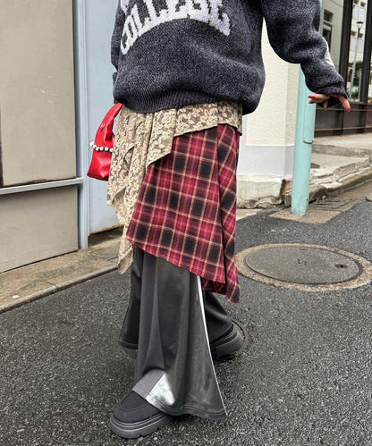 蕾絲拼接格紋不規則中長裙