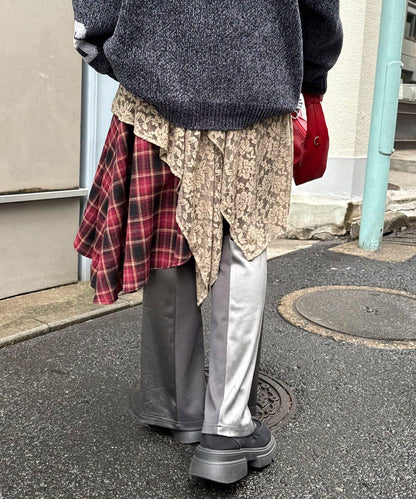 蕾絲拼接格紋不規則中長裙