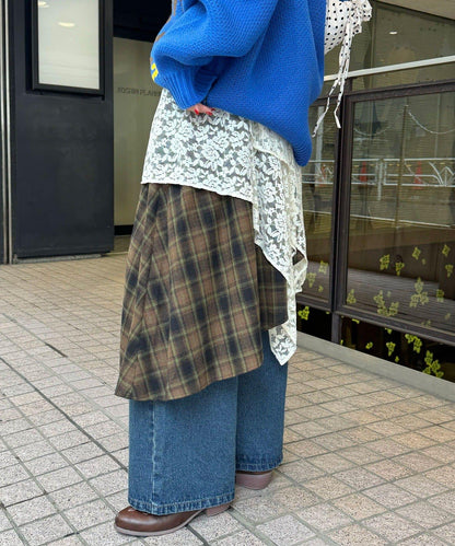 蕾絲拼接格紋不規則中長裙