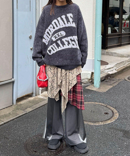 蕾絲拼接格紋不規則中長裙