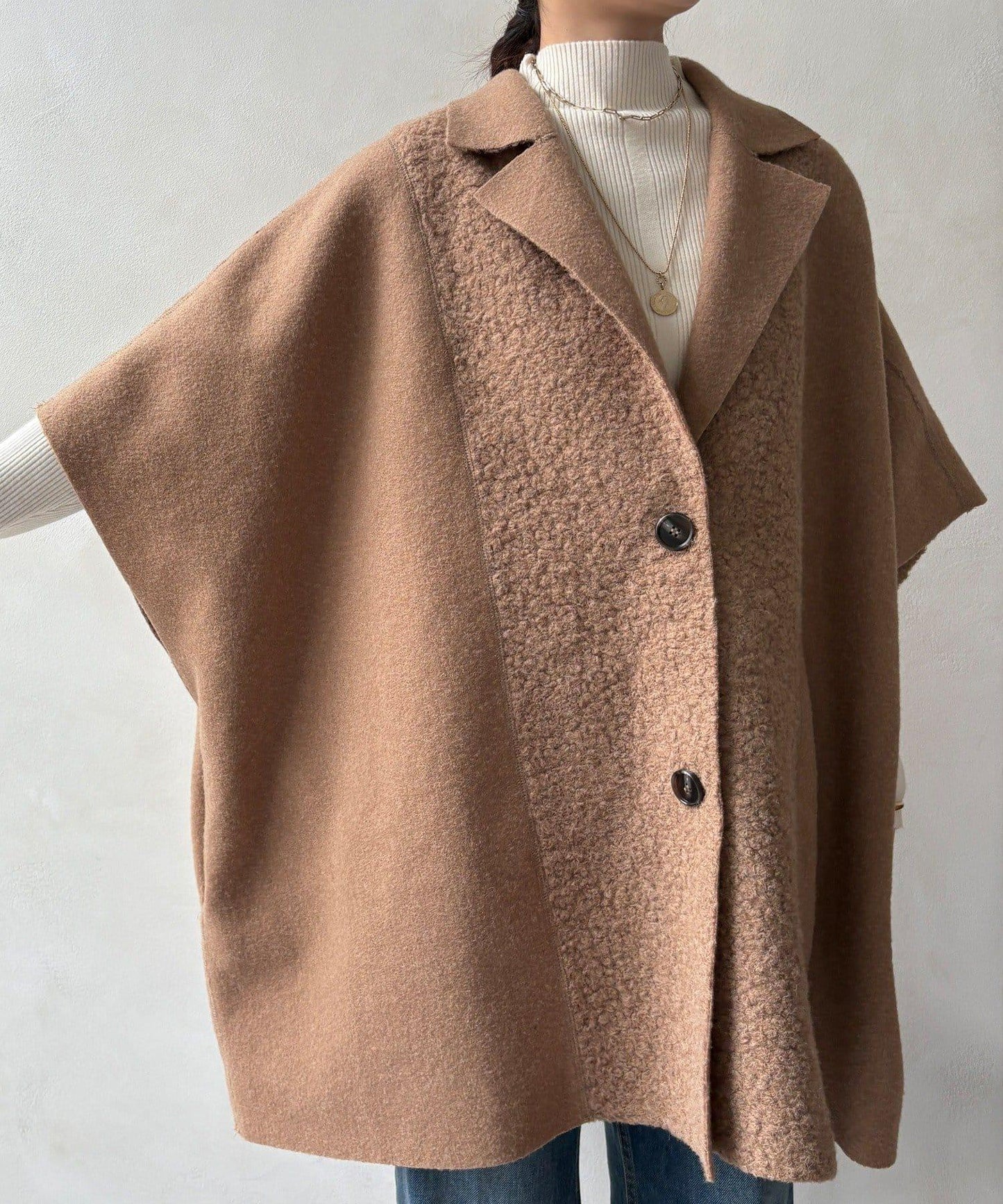 可雙面穿羊羔絨拉鍊斗篷大衣