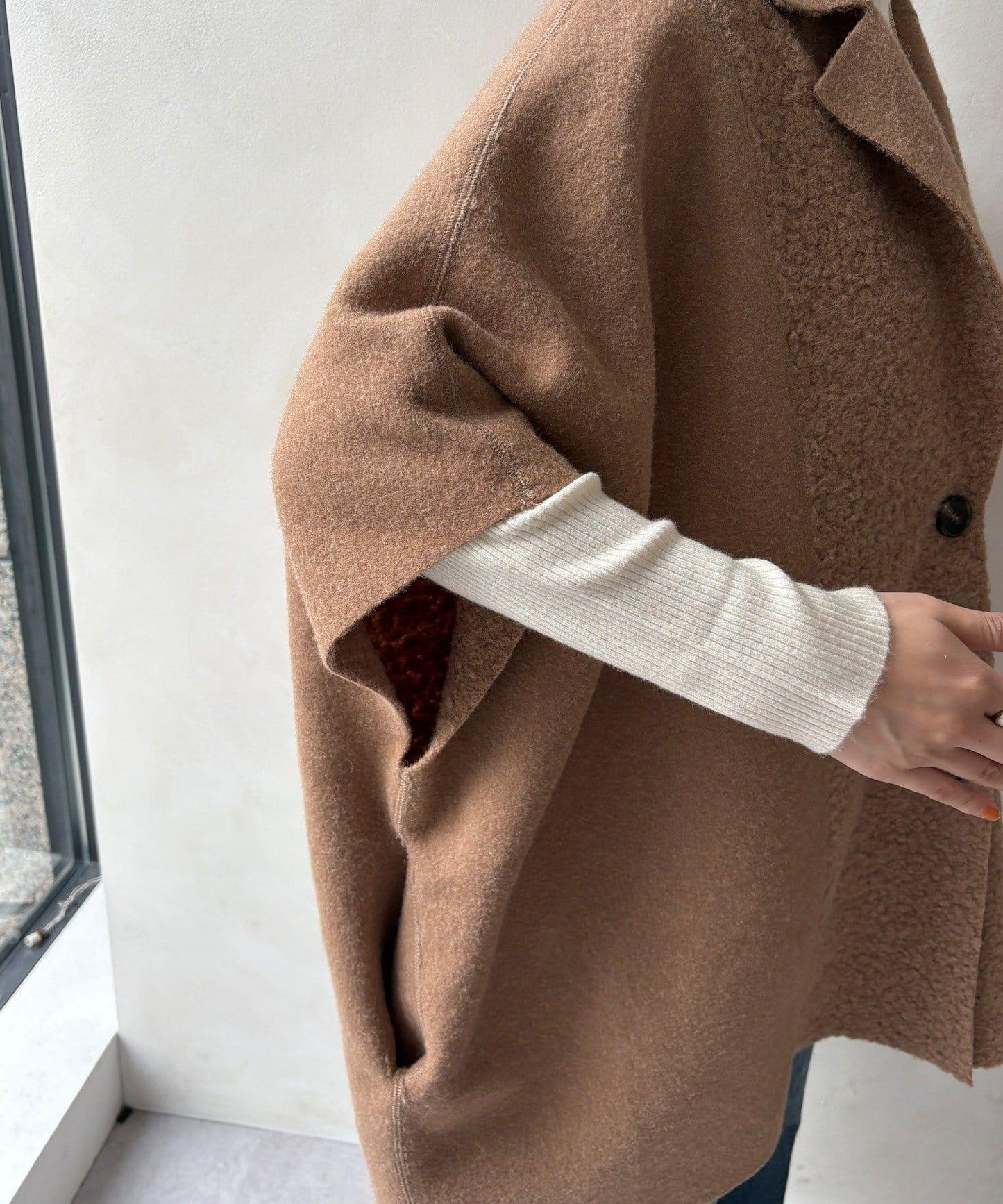 可雙面穿羊羔絨拉鍊斗篷大衣