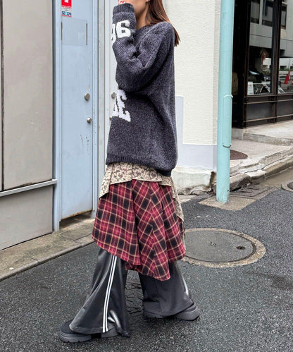 蕾絲拼接格紋不規則中長裙