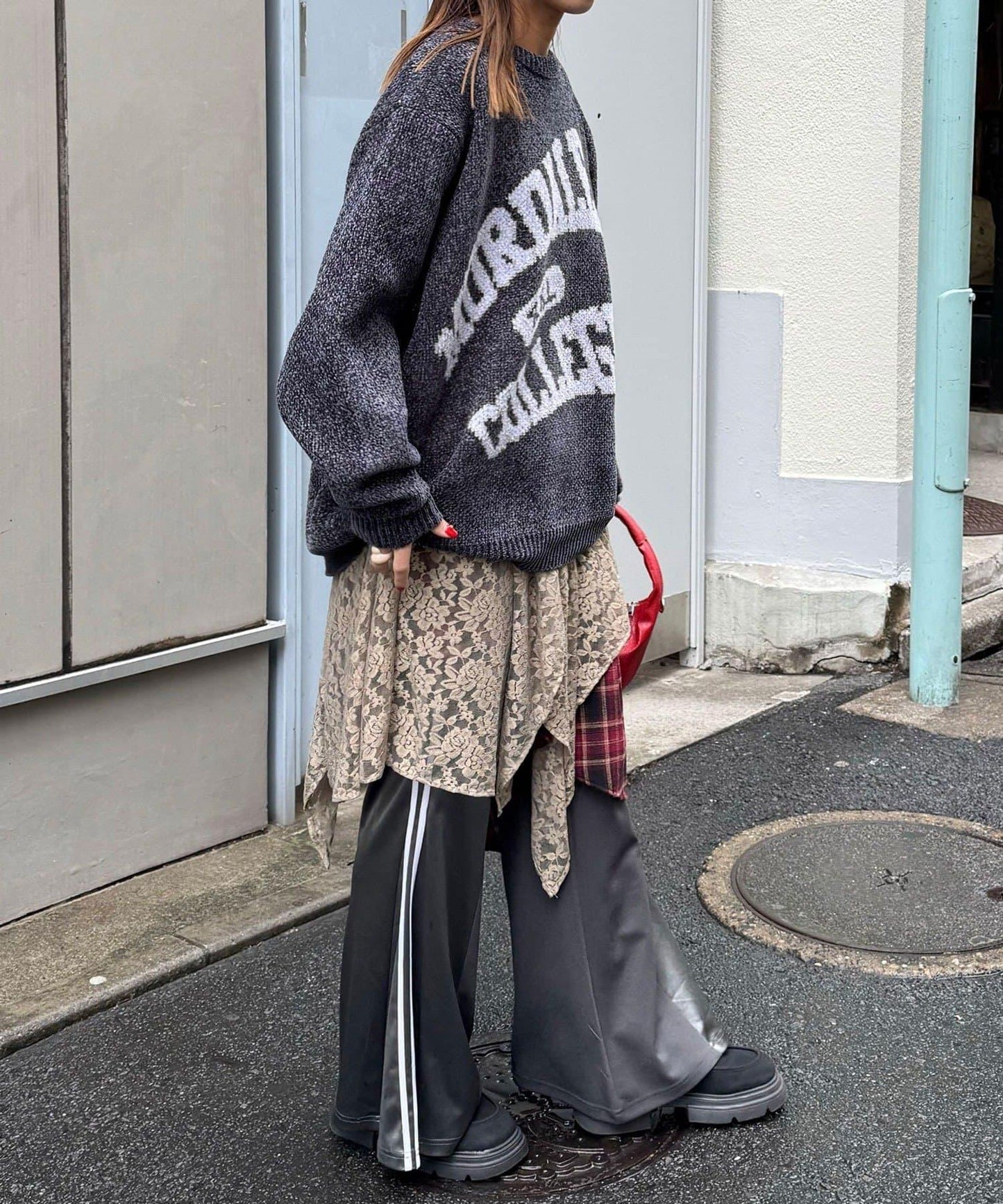 蕾絲拼接格紋不規則中長裙