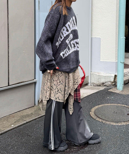 蕾絲拼接格紋不規則中長裙