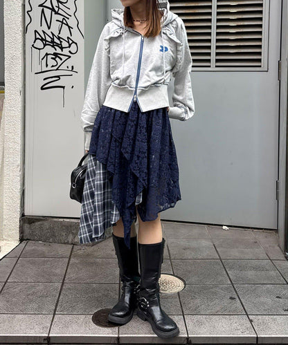 蕾絲拼接格紋不規則中長裙