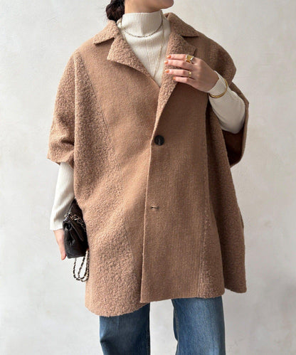 可雙面穿羊羔絨拉鍊斗篷大衣