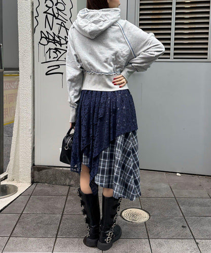 蕾絲拼接格紋不規則中長裙