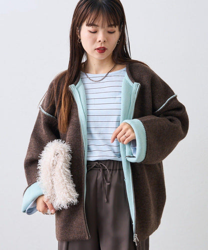 雙拉鍊拼色仿犛牛絨針織夾克
