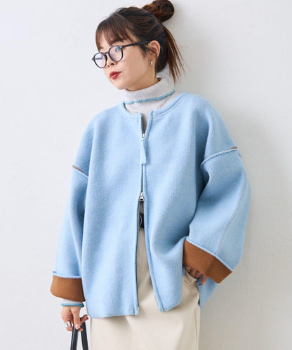 雙拉鍊拼色仿犛牛絨針織夾克