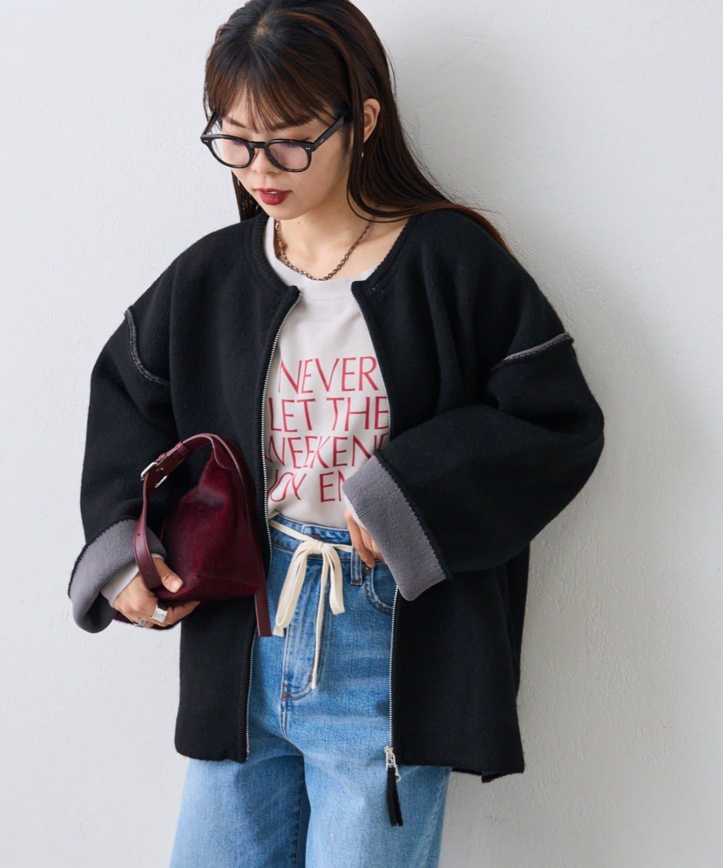 雙拉鍊拼色仿犛牛絨針織夾克