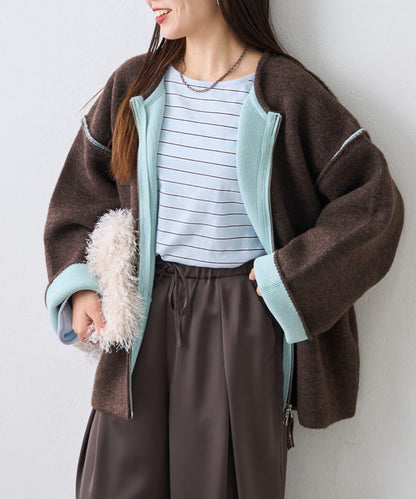 雙拉鍊拼色仿犛牛絨針織夾克
