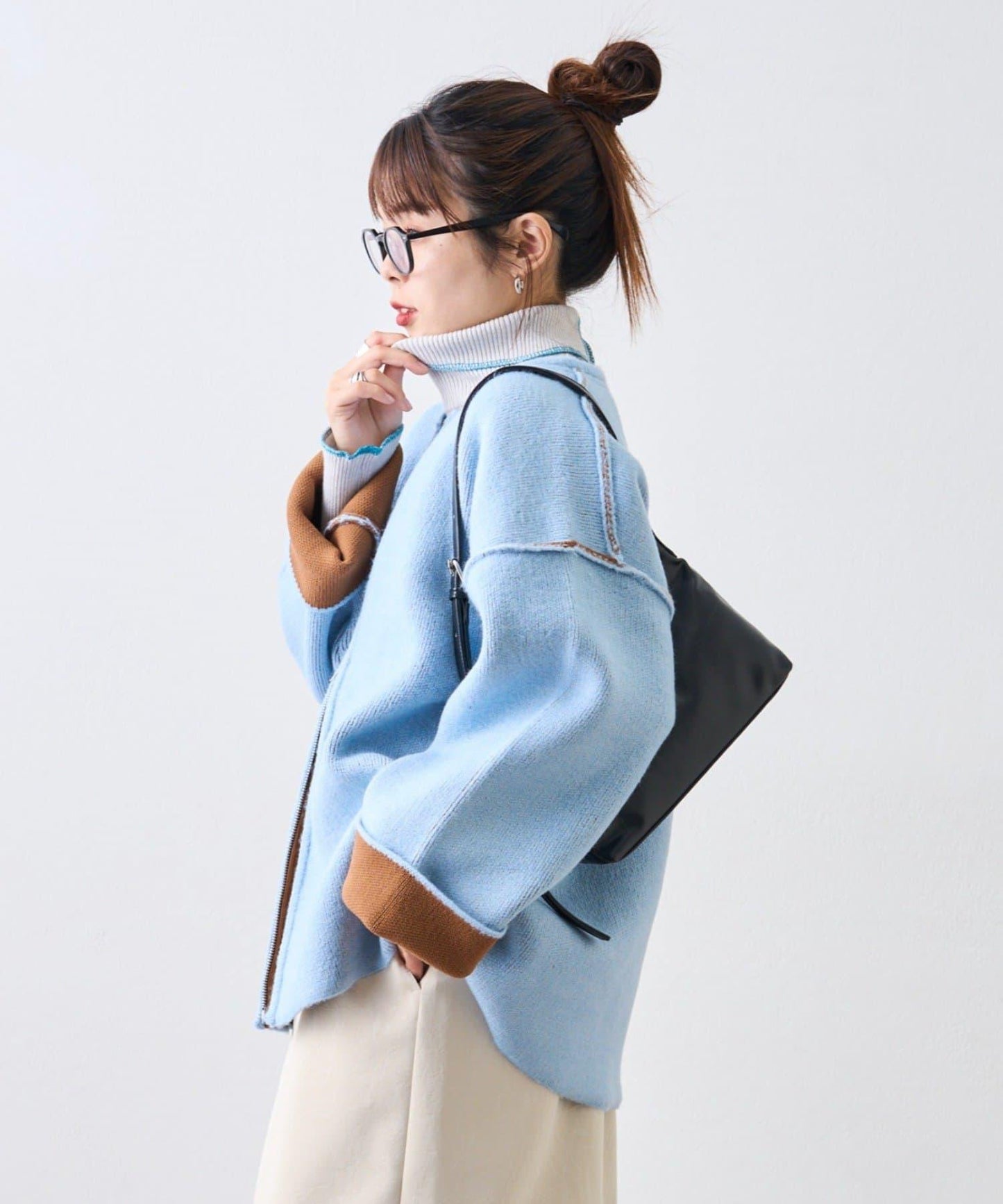 雙拉鍊拼色仿犛牛絨針織夾克