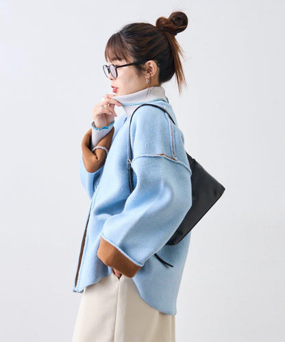 雙拉鍊拼色仿犛牛絨針織夾克