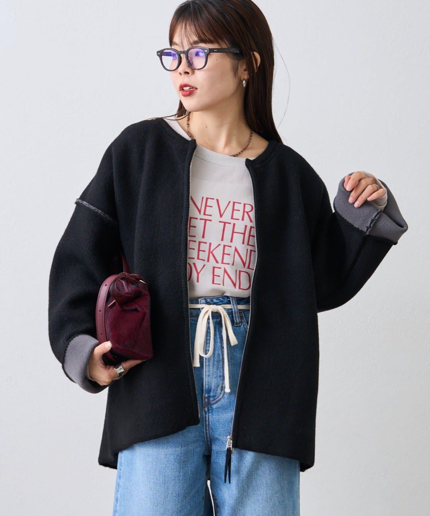 雙拉鍊拼色仿犛牛絨針織夾克