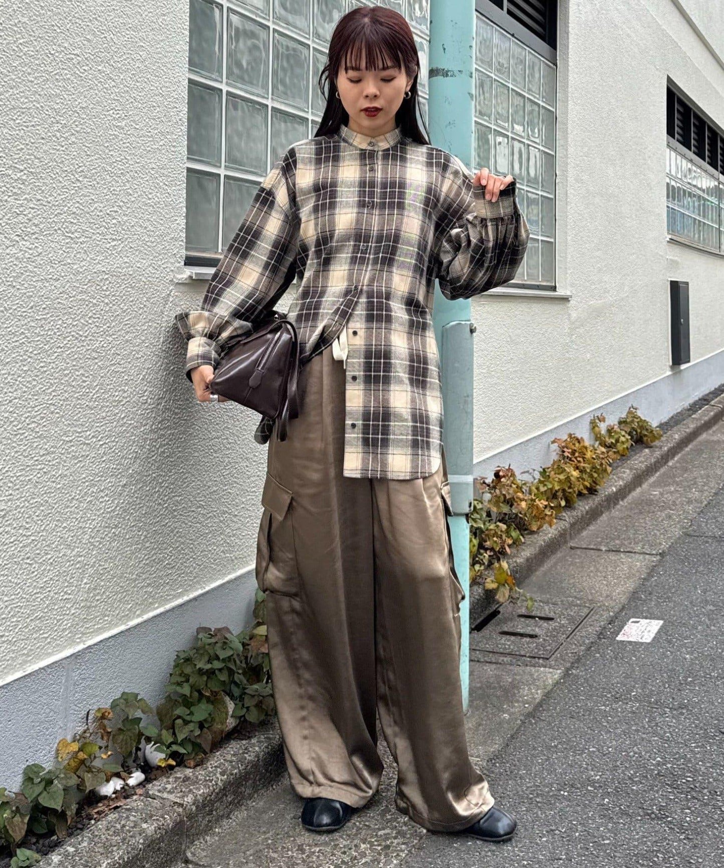 收腰格紋寬鬆襯衫