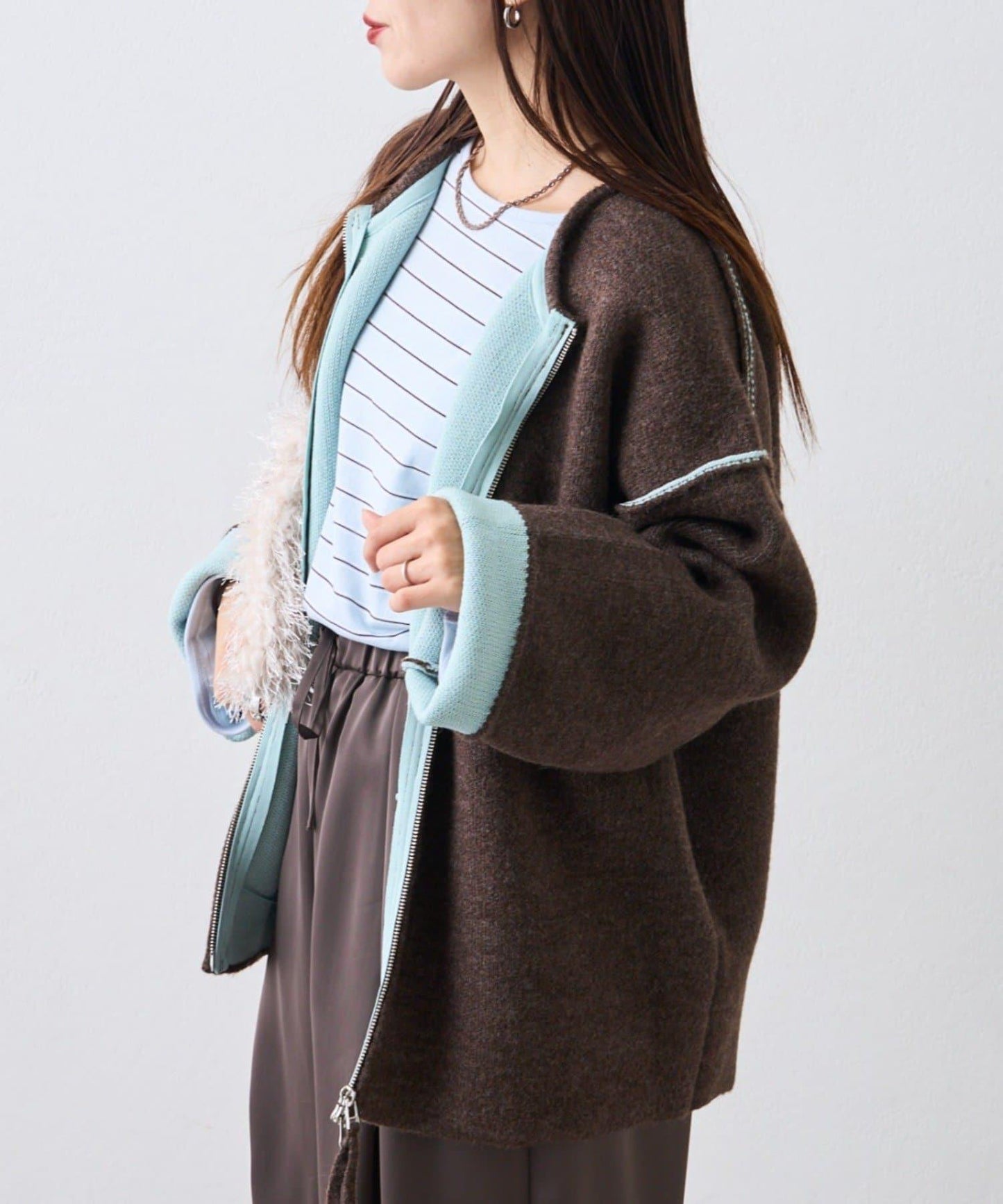 雙拉鍊拼色仿犛牛絨針織夾克