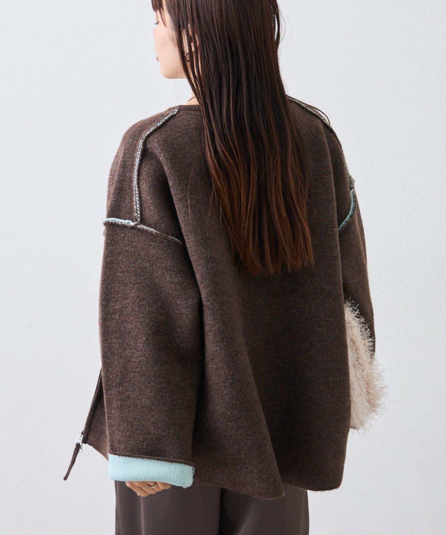 雙拉鍊拼色仿犛牛絨針織夾克