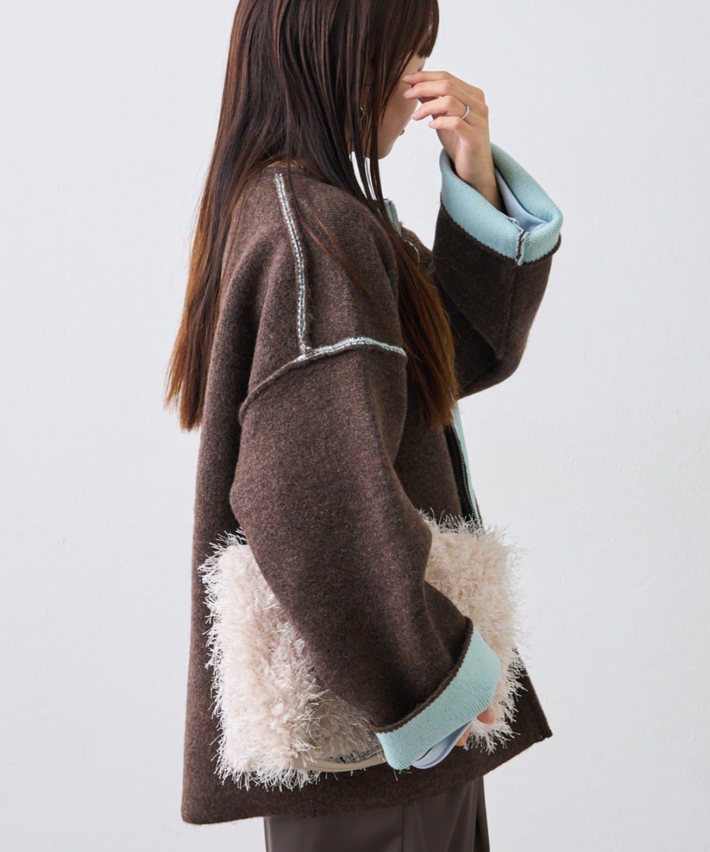 雙拉鍊拼色仿犛牛絨針織夾克