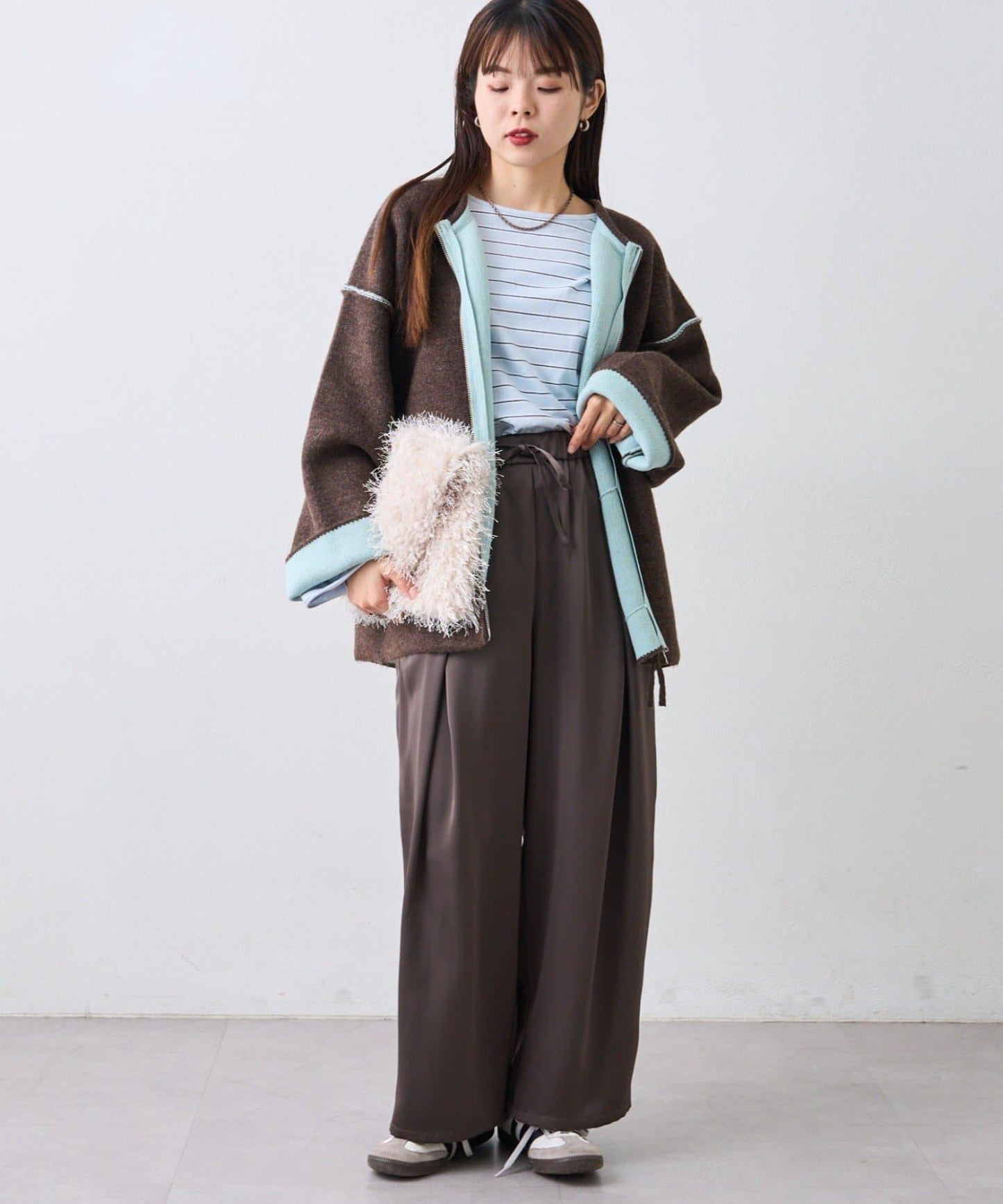 雙拉鍊拼色仿犛牛絨針織夾克