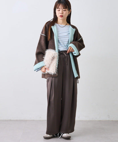 雙拉鍊拼色仿犛牛絨針織夾克