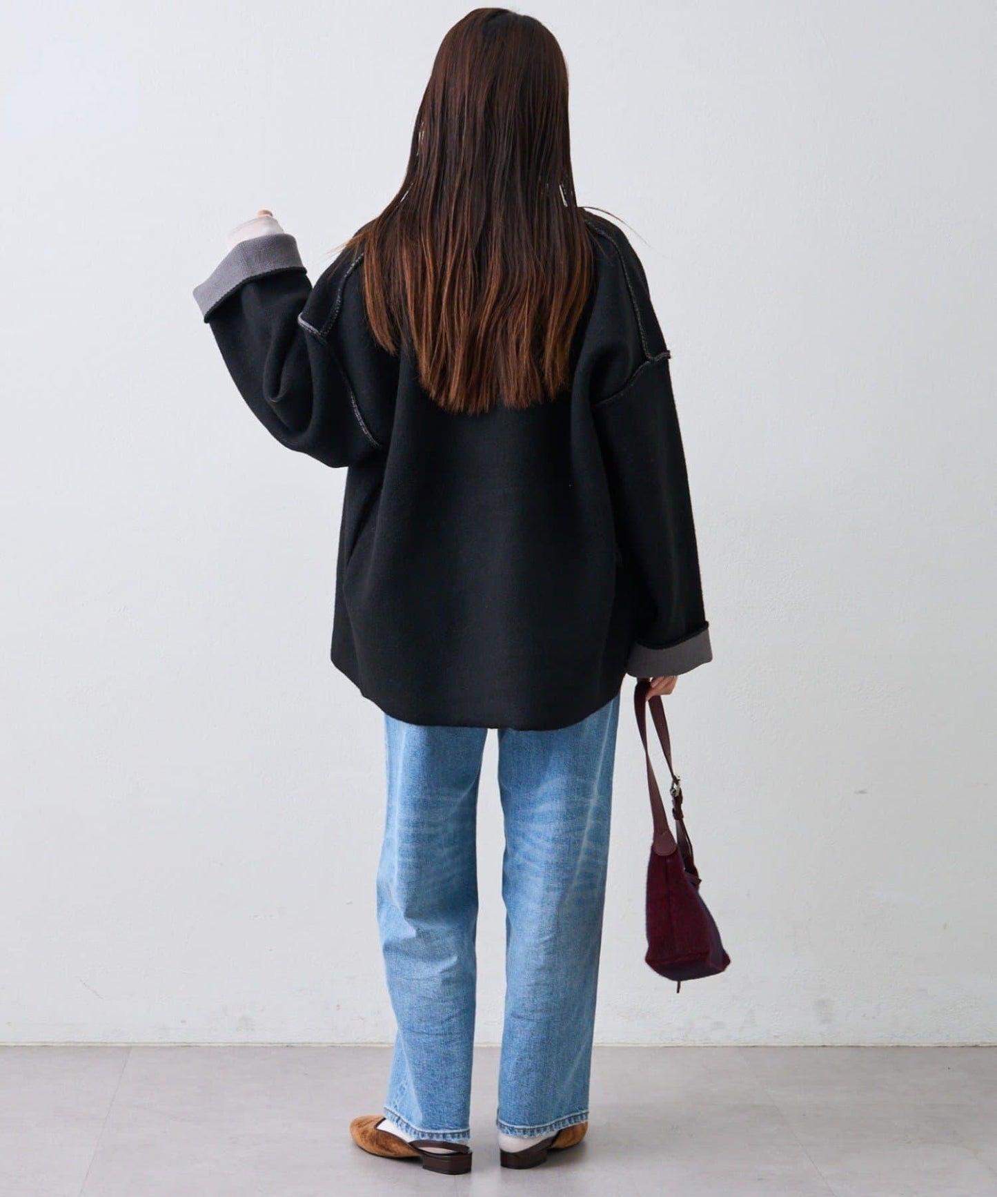 雙拉鍊拼色仿犛牛絨針織夾克