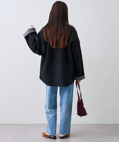 雙拉鍊拼色仿犛牛絨針織夾克